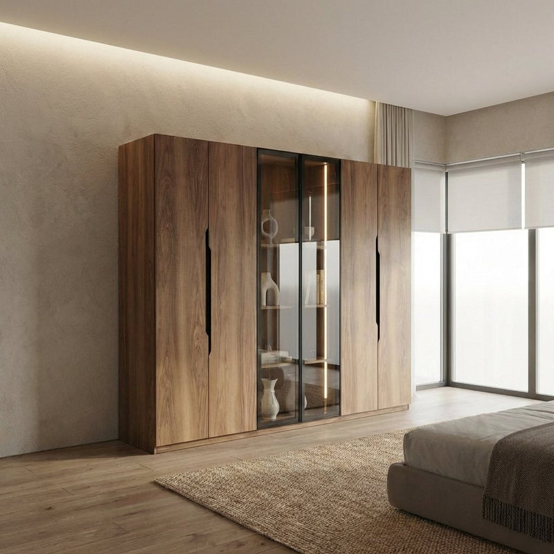 ארון 6 דלתות עם 2 דלתות זכוכית דגם Gold עם תאורת לד פנימית